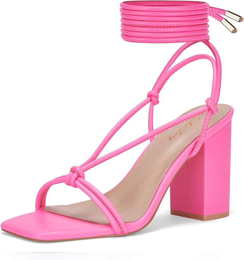 Elisabet Tang Women's Strappy Chunky Heels Sandals, 3 inch Low Block Heels Lace Up Ankle Wrap Hee... | Amazon (US)