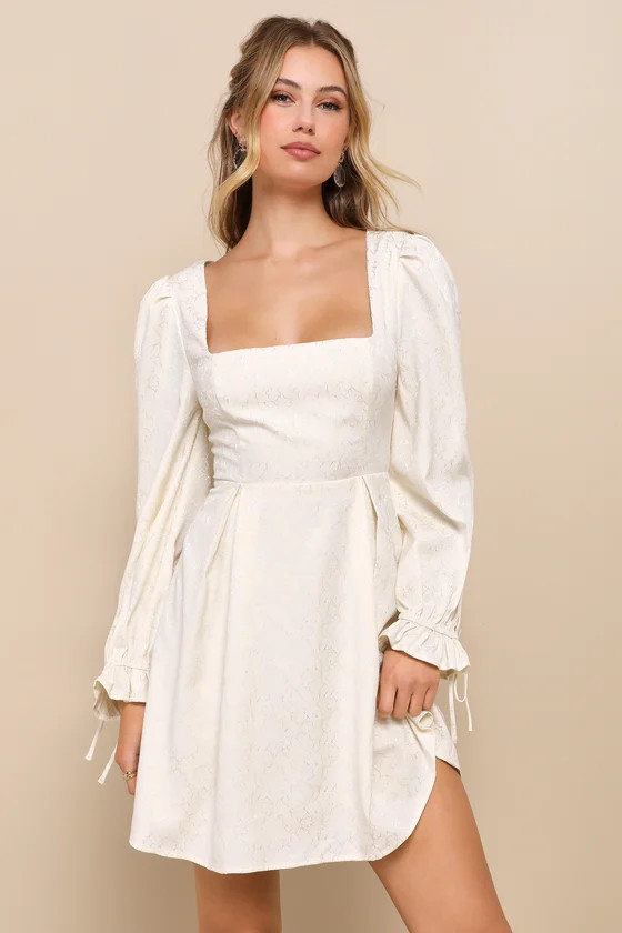 Elegant Adoration Cream Floral Jacquard Long Sleeve Mini Dress | Lulus