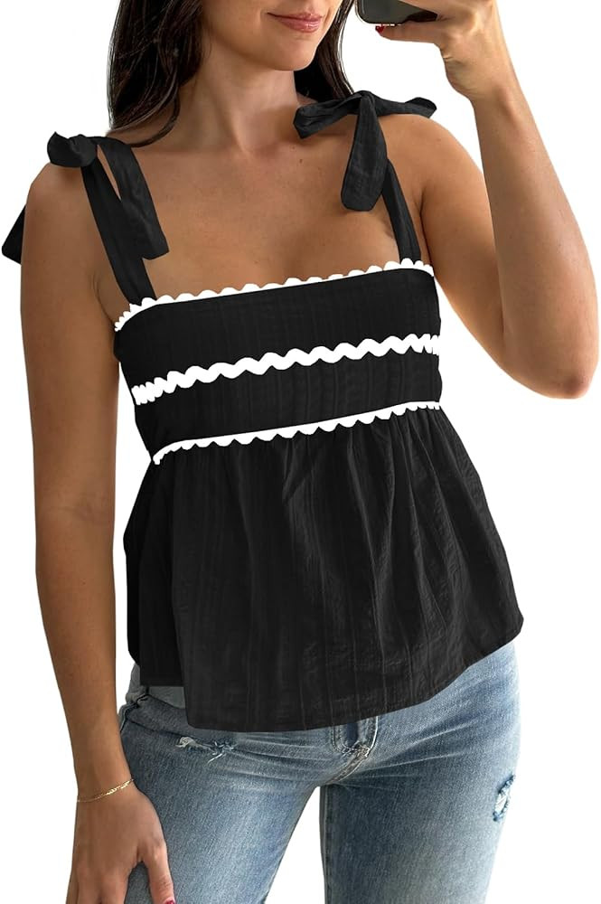 Tankaneo Womens Cute Tank Tops Summer Casual Peplum Babydoll Square Neck Tie Strap Backless Shirt... | Amazon (US)