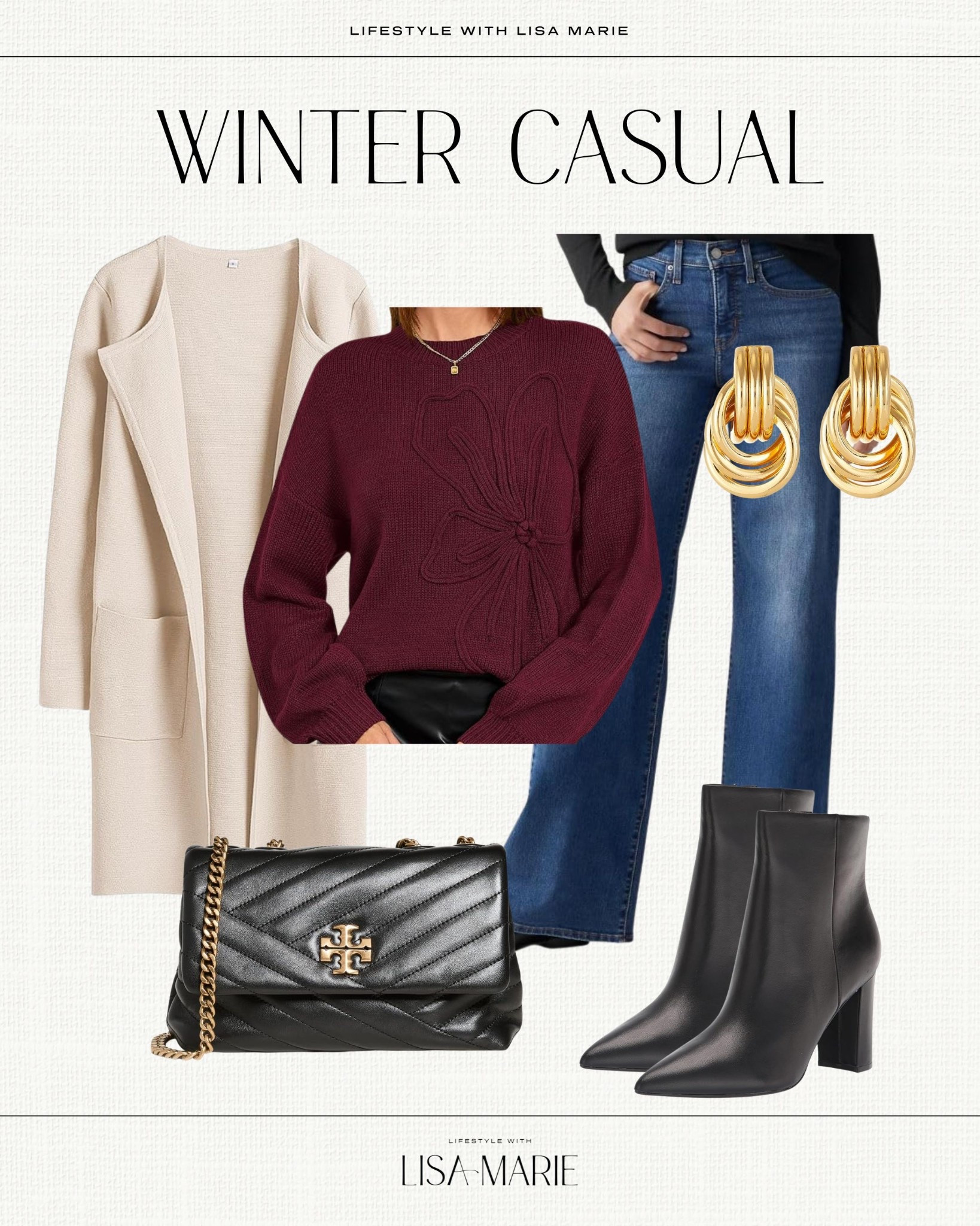 Winter casual outfit inspiration! Workwear. Date night. Girls brunch. Designer inspired sweater. Best selling long cardigan. Wide leg denim. Tory Burch flap bag. Black booties.

#LTKSeasonal #LTKootd #LTKGiftGuide
