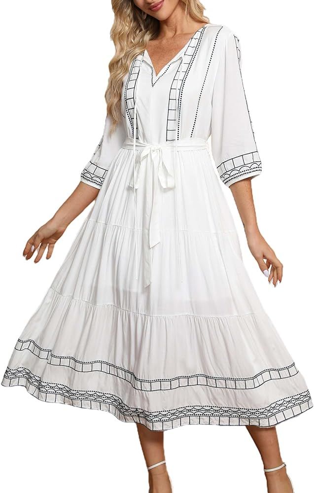LauraKlein Boho Embroidered Floral Dress European Ethnic Style 3/4 Sleeve V Neck Midi Dresses for... | Amazon (US)
