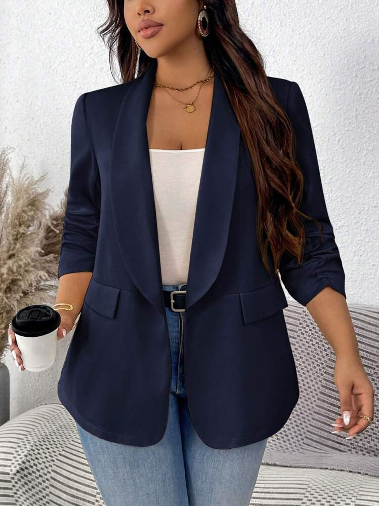 SHEIN LUNE Plus Size Women's Solid Color Pleated Sleeve Blazer In Fall/Winter | SHEIN