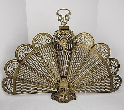 Vtg 1970s Brass Fireplace Screen Folding Fan Peacock Cameo Hollywood Art Deco  | eBay | eBay US