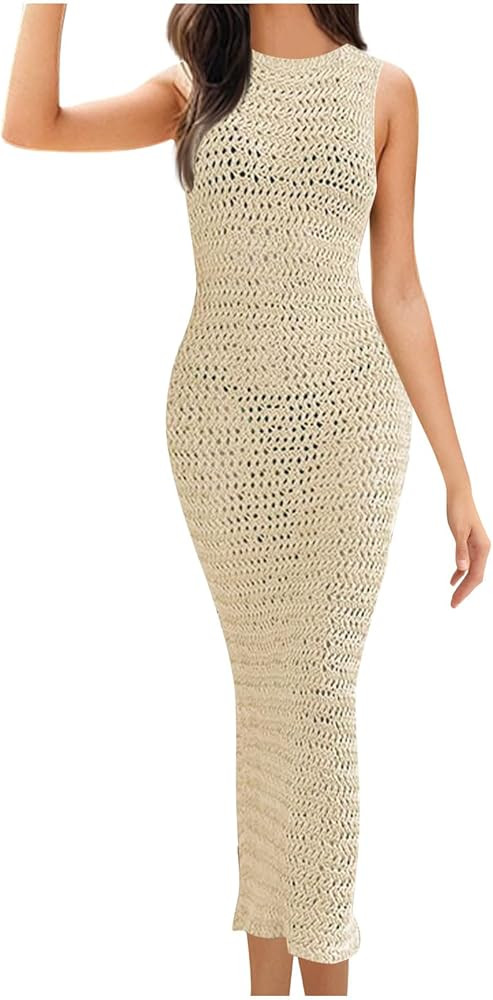 Beach Dresses for Women Sleeveless Summer Crew Neck Dress Casual Tummy Control Hawaiian Crochet C... | Amazon (US)