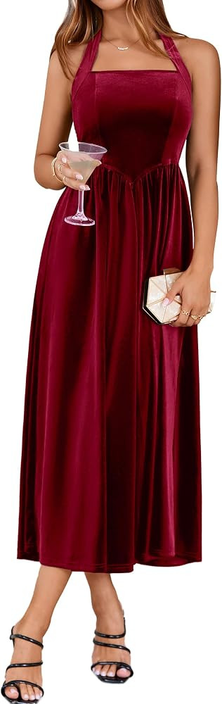 Simplee Women's Halter Velvet Sleeveless Maxi Dress for Fall Wedding Guest | Amazon (US)