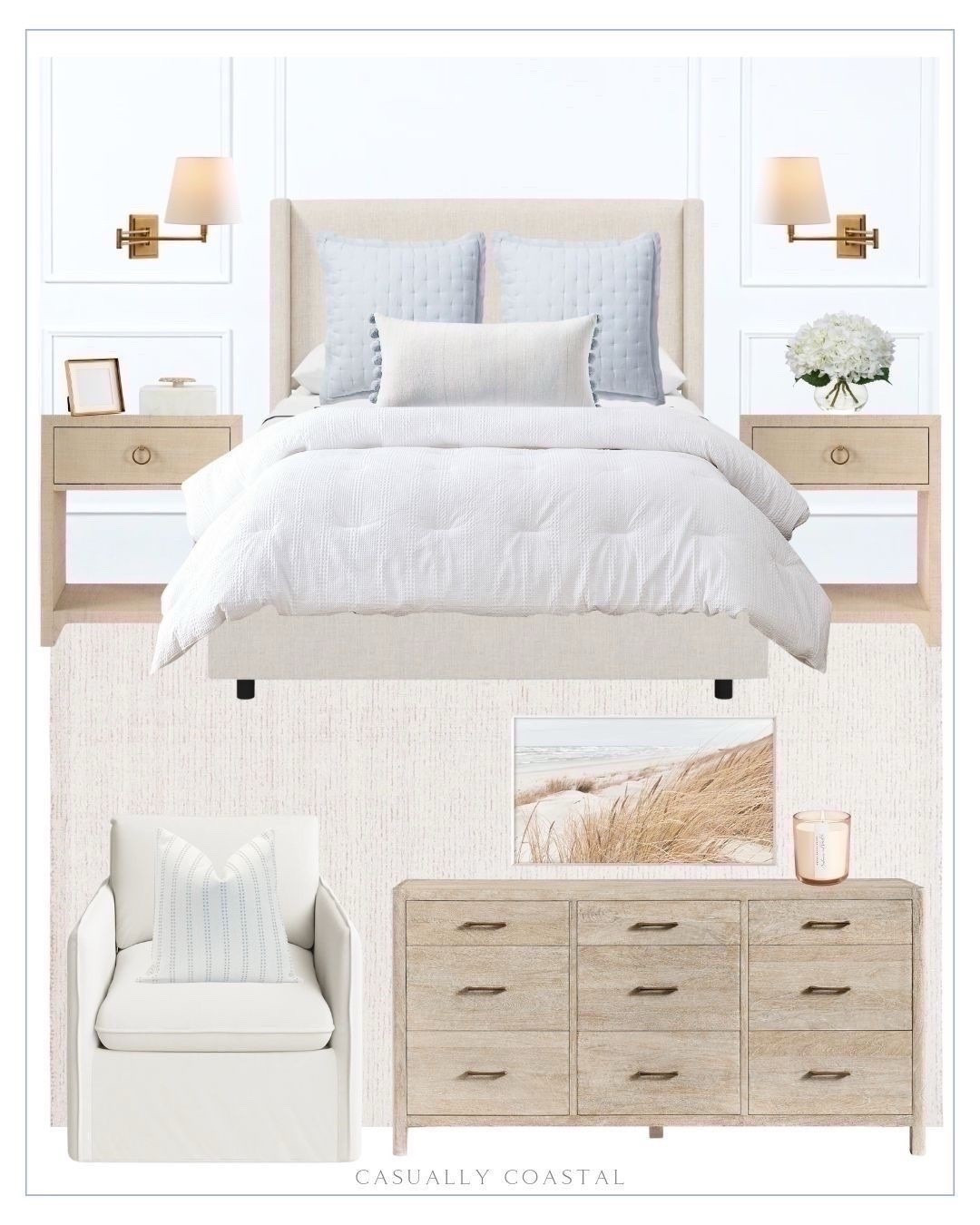 Primary bedroom design, with calming neutral tones. 
----
coastal home decor, bedroom inspiration, bedroom ideas, Fall primary bedroom, coastal bedroom, coastal rug, coastal bed, coastal bedding, neutral bedroom, 9 drawer dresser, pottery barn dresser, light wood dresser, wayfair bed, upholstered bed, white beds, king size beds, queen side beds, slipcovered armchair, wayfair armchair, bedroom furniture, bedroom chairs, pottery barn cotton comforter, white bedding, cotton comforter, coastal comforter, raffia nightstand, wayfair nightstand, woven nightstands, Serena & lily pillow cover, decorative bed pillows, neutral pillow covers, striped coastal pillow cover, linen shams, wayfair rug, 8x10 rugs, 9x12 rugs, 10x13 rugs, 5x8 rugs, bedroom rugs, neutral rug, wool abstract indoor rug, iron swing arm sconce, bedroom lighting, brass sconces, pottery barn sconce, silk hydrangeas, white hydrangeas, nightstand decor, mini photo frames, marble decorative box, Amazon candle, cashmere & vanilla candle, Etsy artwork, coastal artwork, coastal wall art, Samsung frame tv art, quince linen sheets

#LTKHome