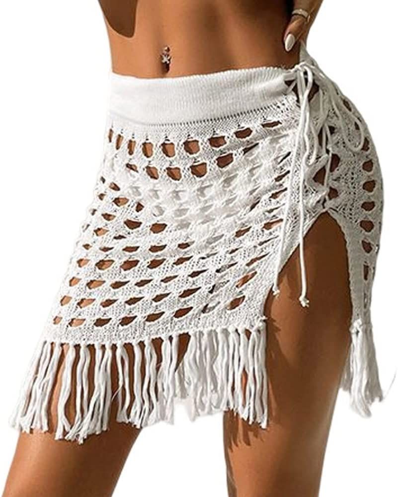 ZAFUL Women's Crochet Bikini Cover Up Skirt Tassel Knit Mini Beach Drawstring Side Swimsuit | Amazon (US)