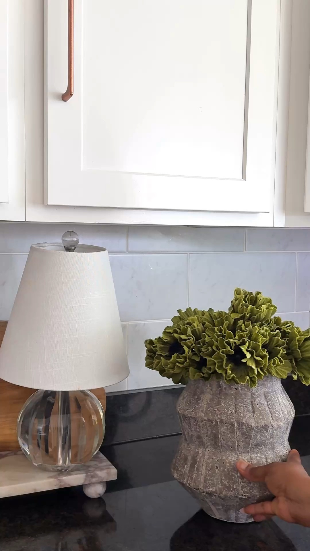 Elevated everyday corners ✨
Stone vase, fresh greens & a cozy neutral lamp—simple, chic styling #kitchen #kitchencounter 

#LTKHome #LTKU