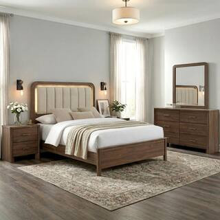Obie 5-Piece Walnut Upholstered King Panel Bedroom Set with 2 Nightstands and Dresser/Mirror | The Home Depot