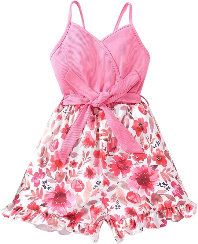 SOLY HUX Girl's Floral Print V Neck Belted Cami Romper Ruffle Trim Wide Leg Shorts Jumpsuit | Amazon (US)