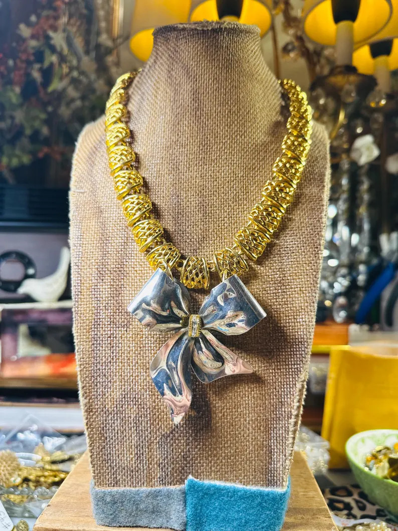 Well-Tied Necklace | Vintage Anne Klein Gold-Tone Chain with Silver Crystal Bow Brooch | Gold & S... | Etsy (US)