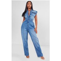 Shape Mid Blue Wash Sleeveless Rigid Denim Jumpsuit | PrettyLittleThing US