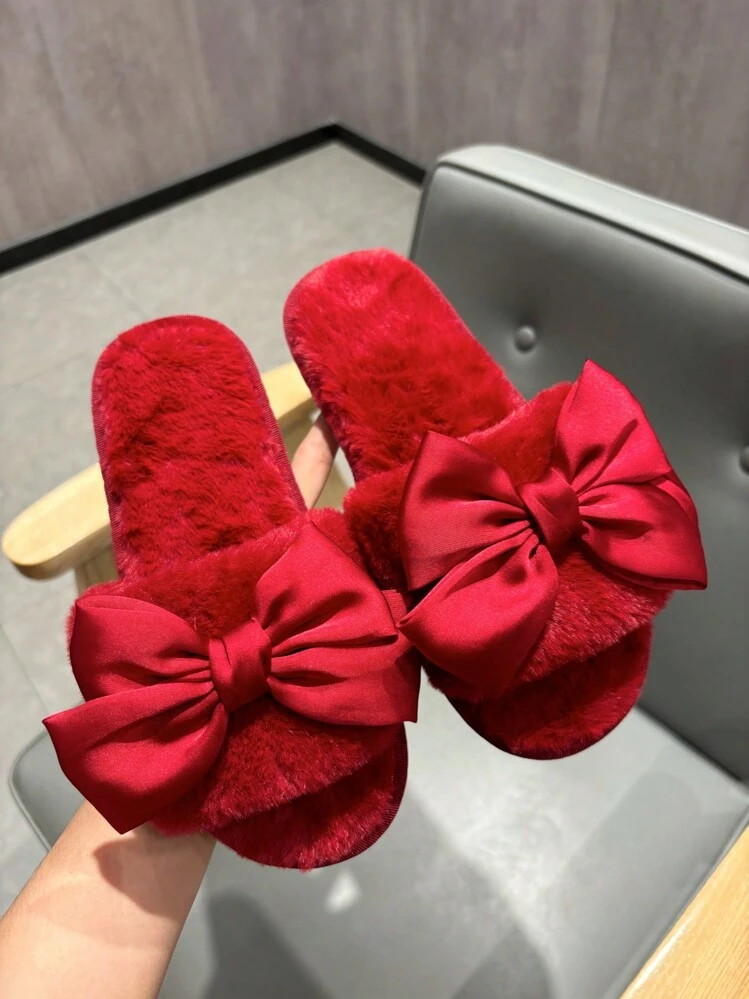 Women Elegant Red Bowknot Flat Plush Slippers, Perfect For Valentine's Day Party And Home, Halloween, Christmas | SHEIN