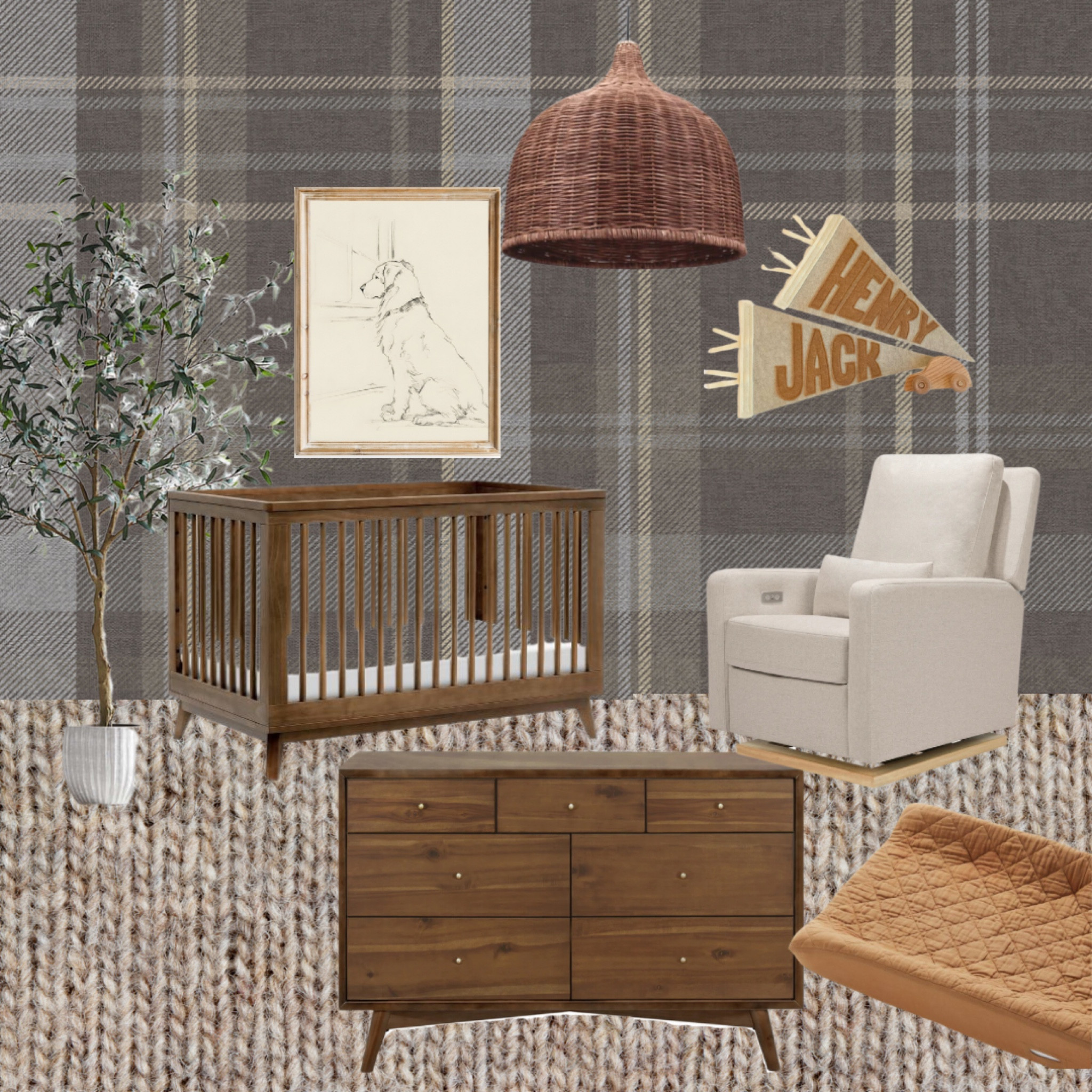 Moody baby boy nursery, vintage modern kids room, brown nursery decor, wood crib and dresser, neutral nursery, traditional boy nursery, affordable nursery decor, tartan wallpaper, golden retriever nursery, nursery name pennant flag

#LTKbump #LTKbaby #LTKhome