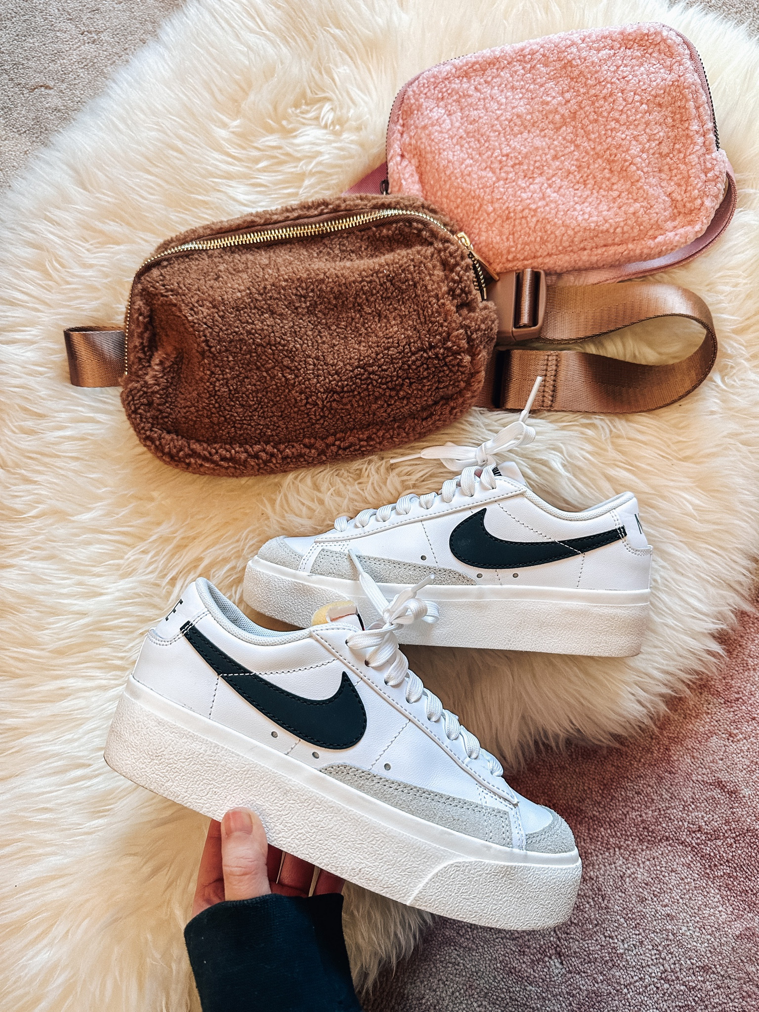 Nike Blazer sneakers 
Fleece belt bag 
Sherpa belt bag


#LTKfit #LTKitbag #LTKshoecrush