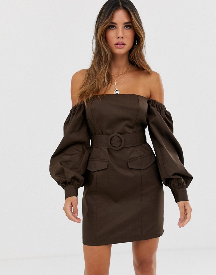 ASOS DESIGN off shoulder utility mini dress with pockets-Brown | ASOS (Global)