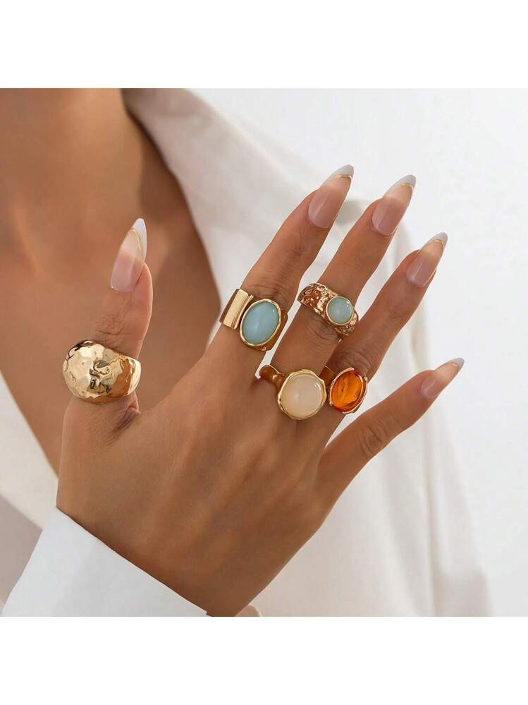 5 Pieces Metal Wind Warm Color Acrylic Inlaid Temperament Charming Street Shoot Fashionista Runwa... | SHEIN