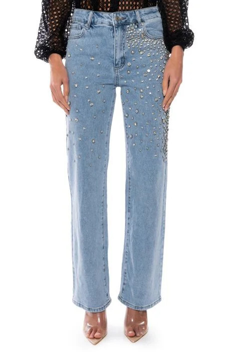 RILEE EMBELLISHED STRAIGHT FIT JEANS in MEDIUM BLUE DENIM | AKIRA