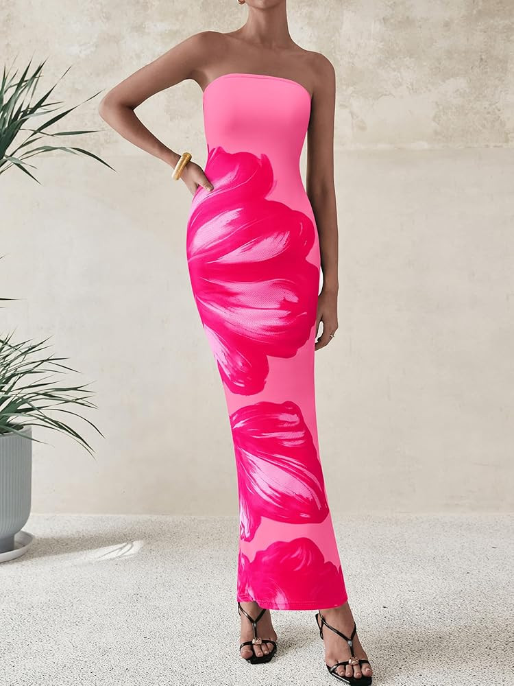 Amazon.com: PRETTYGARDEN Women Summer Strapless Maxi Dress Bodycon Floral Sexy Long Wedding Guest... | Amazon (US)