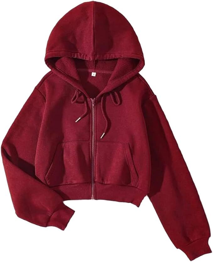 LOFAAC Women Fleece Full Zip Up Cropped Hoodie Sweatshirt 90s Long Sleeve Drawstring Hooded Crop ... | Amazon (US)