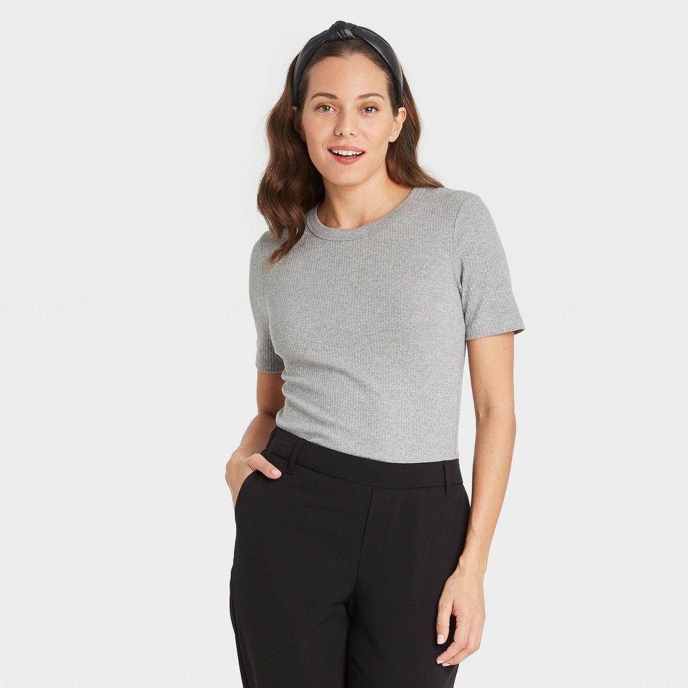 Women's Short Sleeve Rib T-Shirt - A New Day Heather Gray S | Target