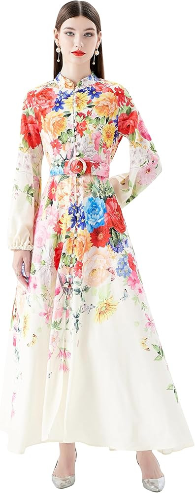 LAI MENG FIVE CATS Women's Floral Print Maxi Dress Flowy Casual A-Line Ruffle Long Dress | Amazon (US)