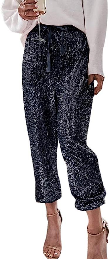 Amazon.com: ALLUMK Women Fashion Glitter Sequin Party Pants Solid Loose Elastic High Waist Drawst... | Amazon (US)