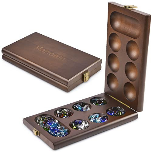 AMEROUS Wooden Mancala Board Game Set with 72+8 Bonus Multi Color Glass Stones - Folding Board - Mancala Instructions, Classic Family Board Game for Kids Adults, Tabletop Version | Amazon (US)