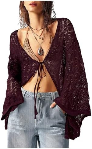 GORGLITTER Women's Tie Front Oversized Cardigans Sweater Crochet Lightweight Flare Long Sleeve Fa... | Amazon (US)