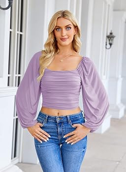 Wenrine Womens Mesh Long Sleeve Crop Tops Night Going Out Square Neck Off The Shoulder Ruched Shi... | Amazon (US)