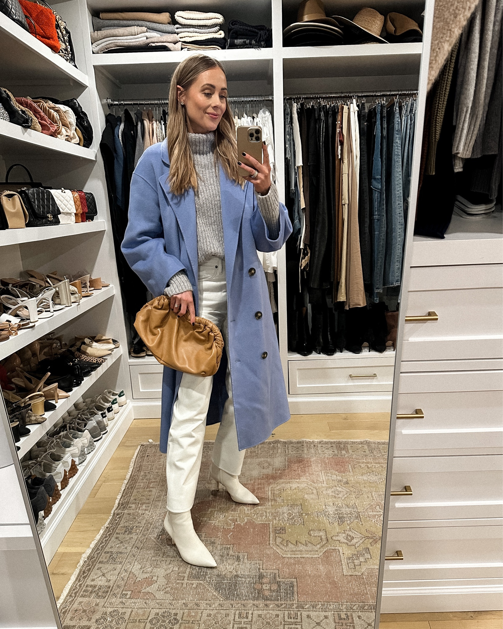 Fashion Jackson winter outfit date night, white leather pants (I sized up bc I don’t like leather pants tight), grey turtleneck sweater (small), white leather boots, blue wool coat (linked similar) #fashionjackson #winteroutfit #whiteboots #nashville #datenight 

#LTKshoecrush #LTKstyletip #LTKsalealert