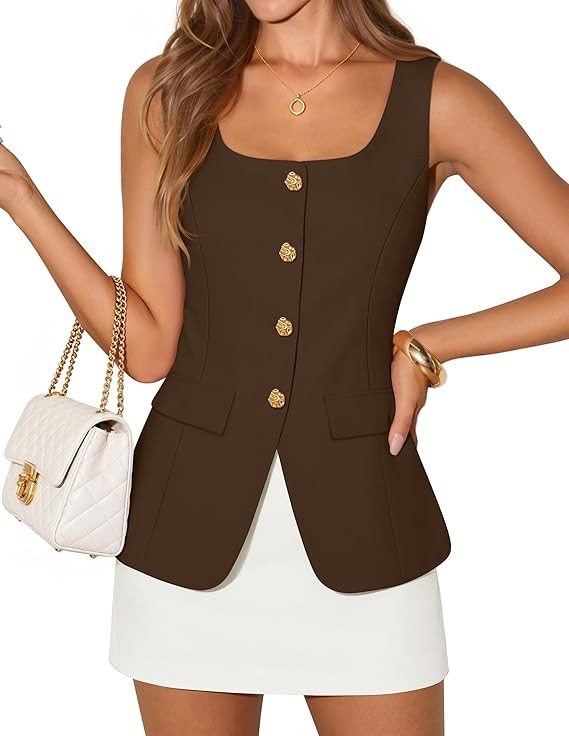 ZESICA 2026 Summer Casual Sleeveless Suit Vest for Women Square Neck Button Down Work Business Bl... | Amazon (US)