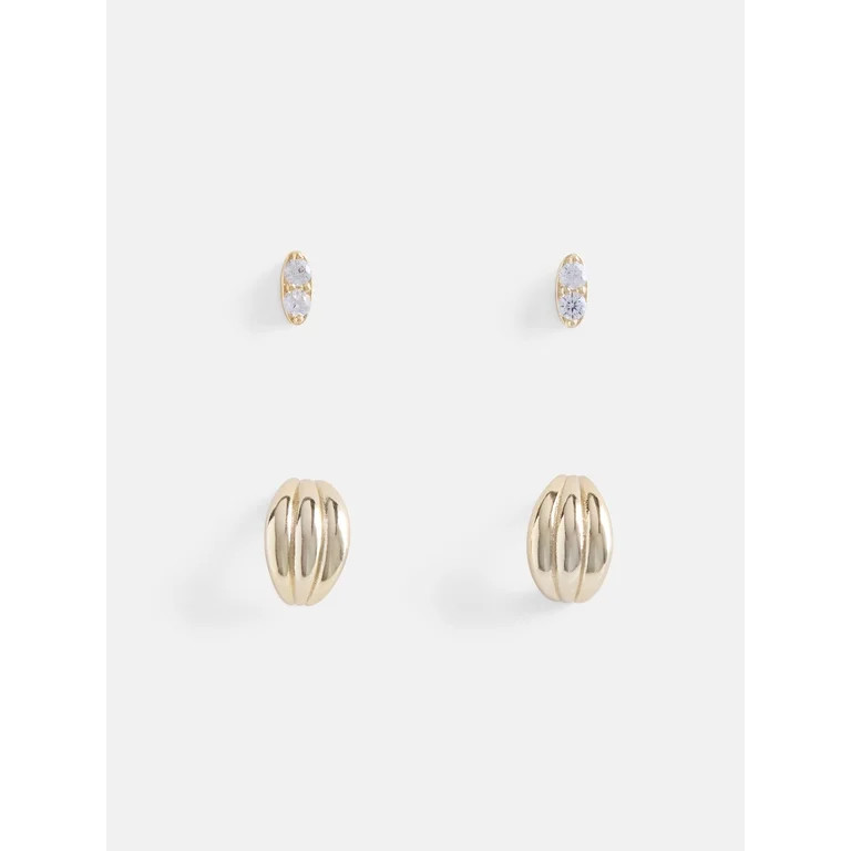 Free Assembly Women's Demi Fine 14K Gold Plated Cubic Zirconia and Half Hoop Earring Set, 2-Pairs | Walmart (US)