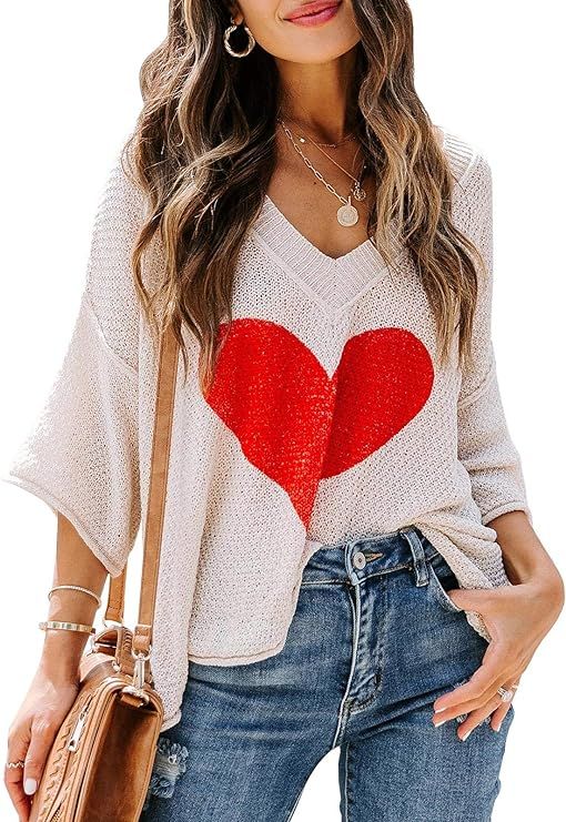 Ermonn Womens Cute Heart Sweater V Neck Crochet Knit Off Shoulder 3/4 Sleeve Pullover Tops Shirts | Amazon (US)