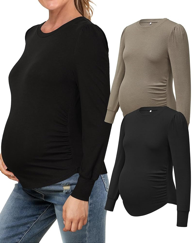 OUGES Womens Stretchy Wool Blend Long Sleeve 2 Packs Maternity Shirts Casual Side Ruched Fall Pre... | Amazon (US)