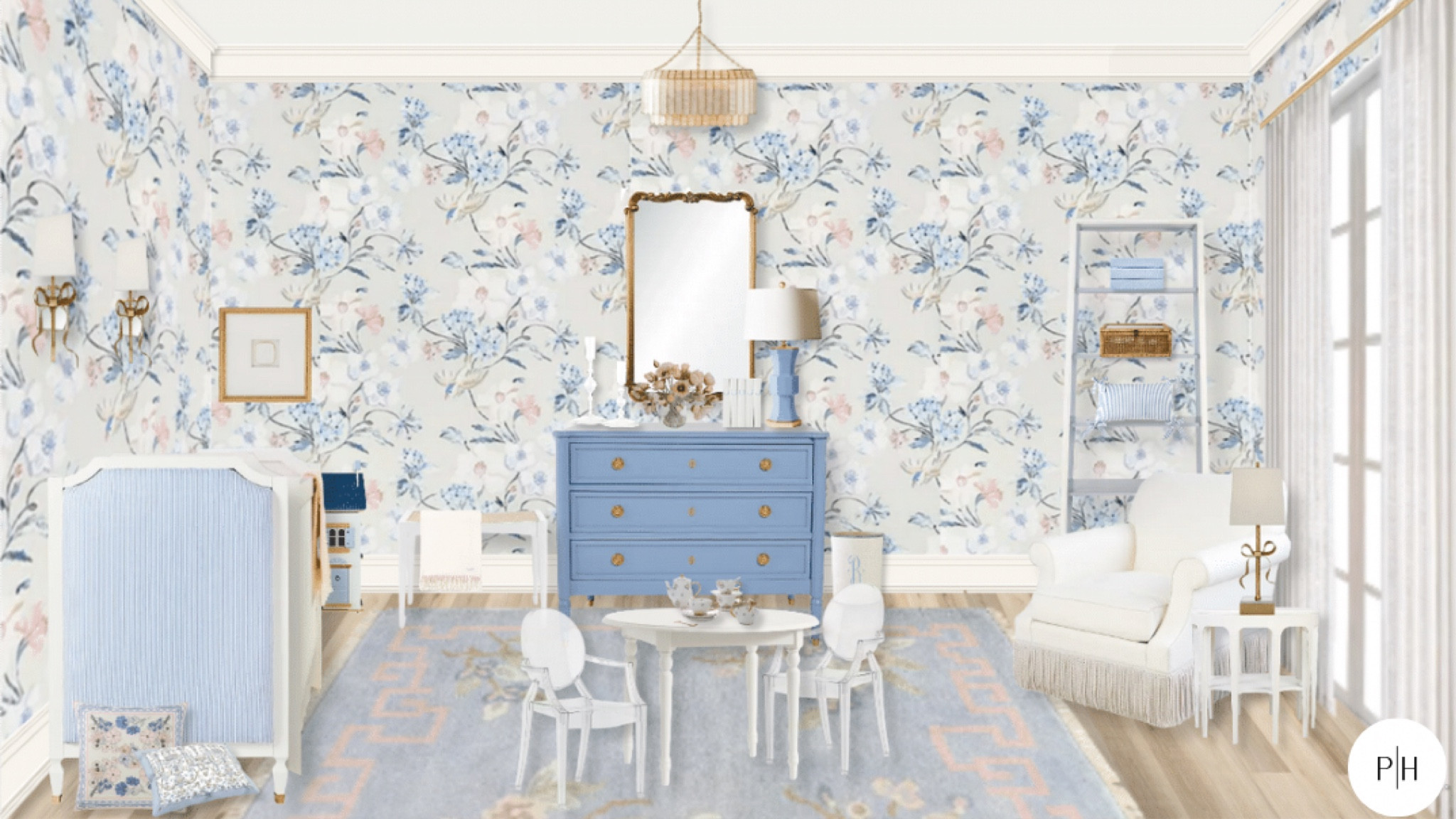 Nursery, grandmillenial nursery, girl nursery, blue floral nursery, Caitlin Wilson, fringe chair, upholstered crib, floral wallpaper, French blue, kids tea party, kids play table, baby room

#LTKhome