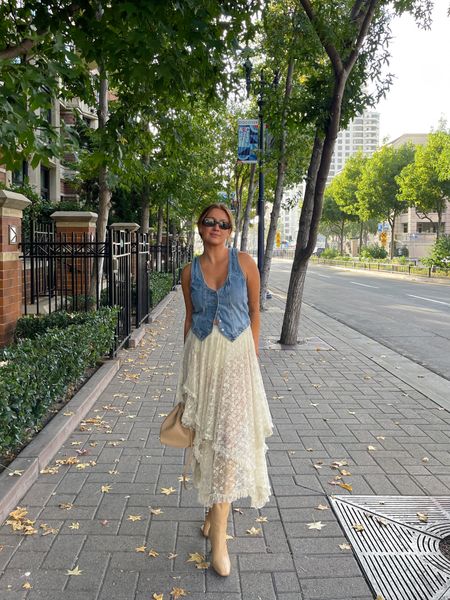 Lace free people skirt & denim vest for fall 