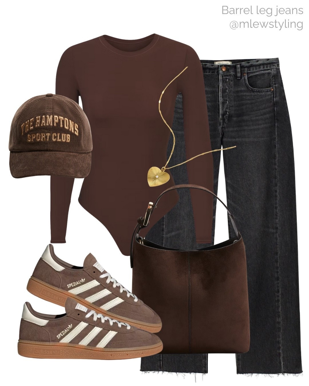 Madewell black barrel leg jeans outfit 🖤

Tags: adidas Spezial sneakers, brown suede mango bag, gold heart necklace, new-in H&M brown baseball cap, long sleeve skims bodysuit, fall fashion, autumn outfit, capsule wardrobe 