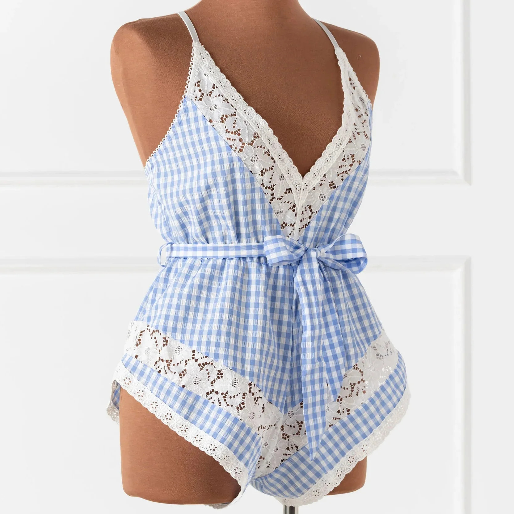 Gingham & Lace Romper - Blue | Mentionables