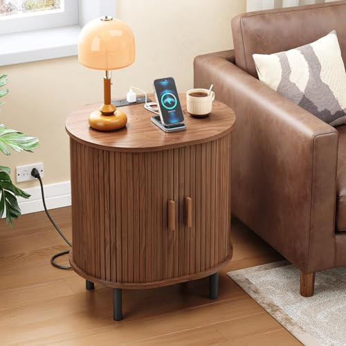 ONBRILL Oval End Table with Storage & Charging Station, Fluted Accent Side Table with Sliding Door & Adjustable Shelf, Mid-Century Modern Nightstand for Small Space, Living Room, Bedroom, Walnut | Amazon (US)