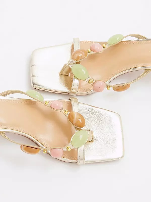 River Island Beaded Skinny Heel Sandal - Gold | Very (UK)
