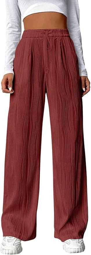 EVALESS Casual Textured Pants for Women Fall 2024 Trendy Drawstring Elastic High Waist Palazzo Pa... | Amazon (US)