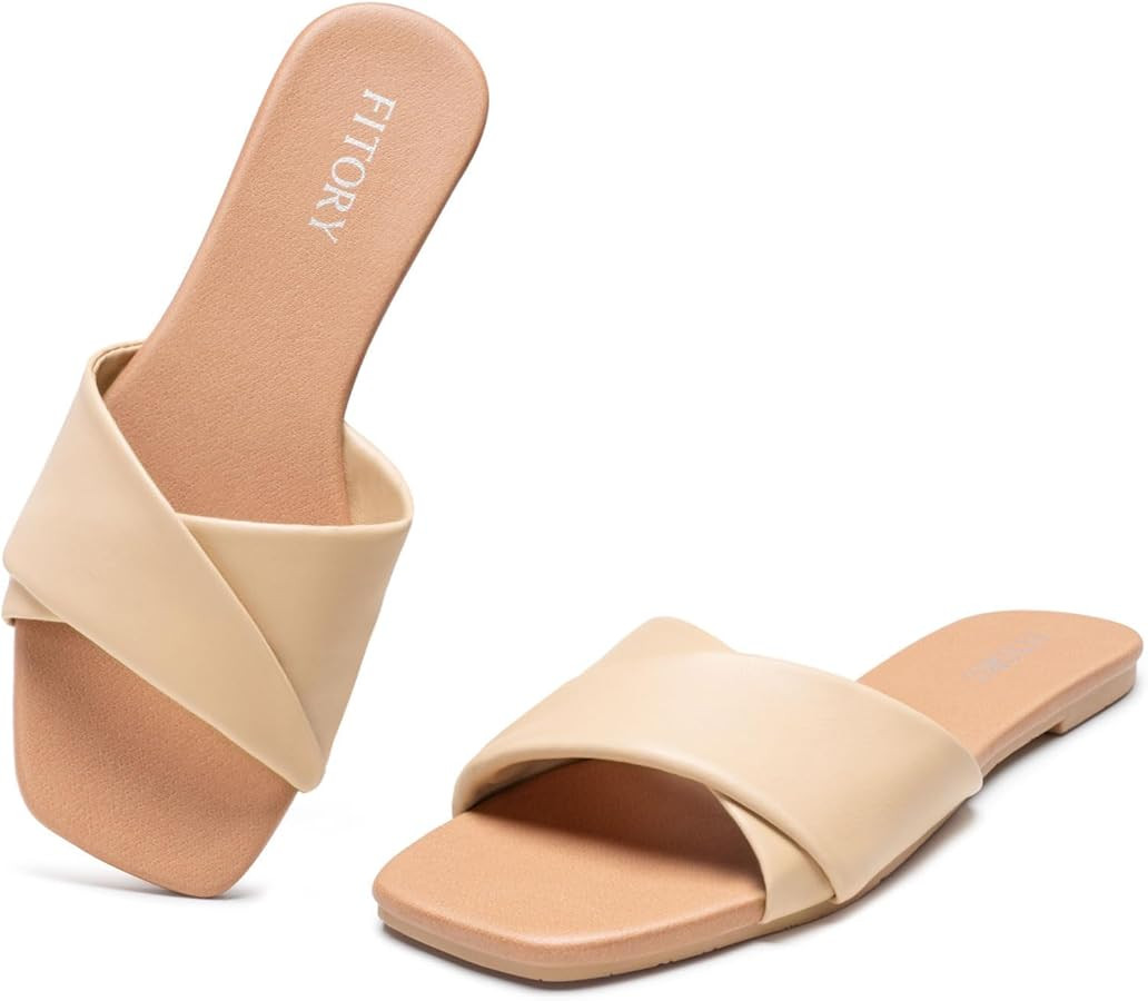 FITORY Women's Flat Sandals, Square Fashion Slides with Cross-Strap, Soft Leather Slippers for Su... | Amazon (US)