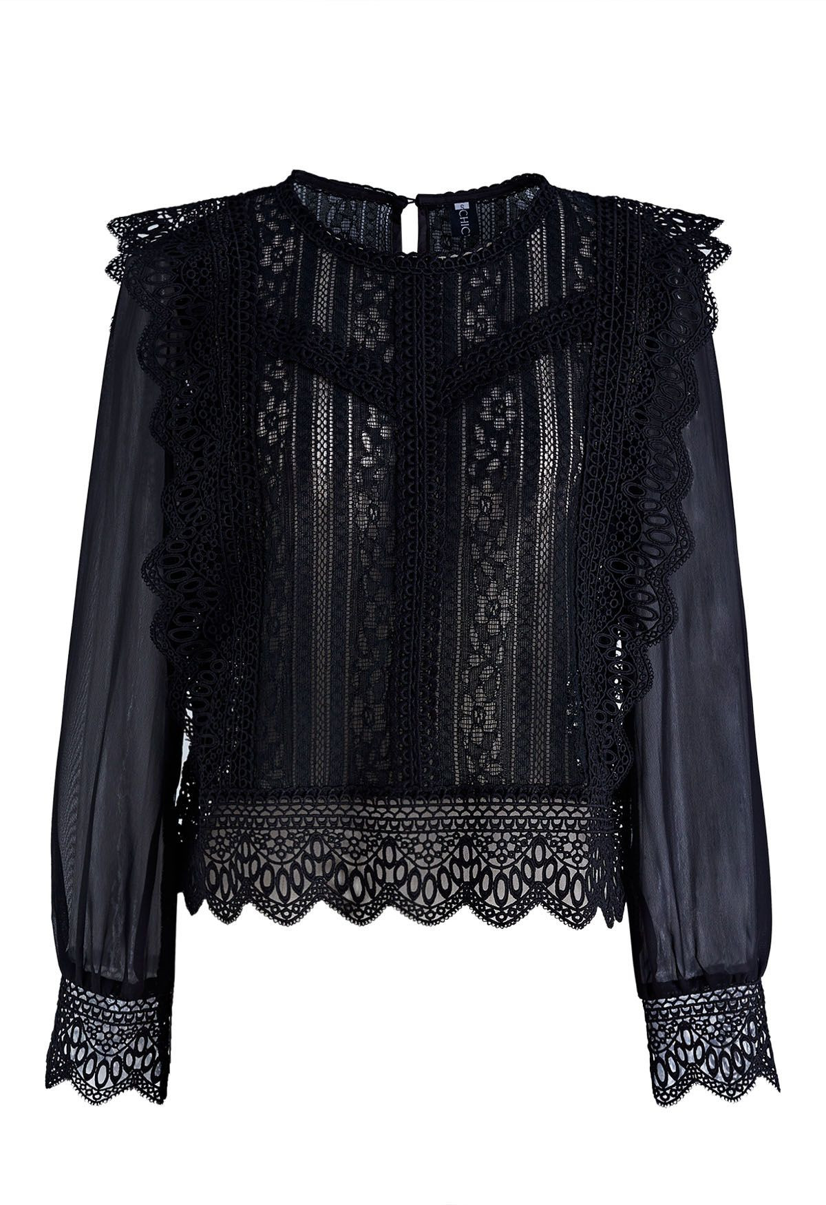 Sheer Sleeve Spliced Cutwork Lace Top in Black | Chicwish