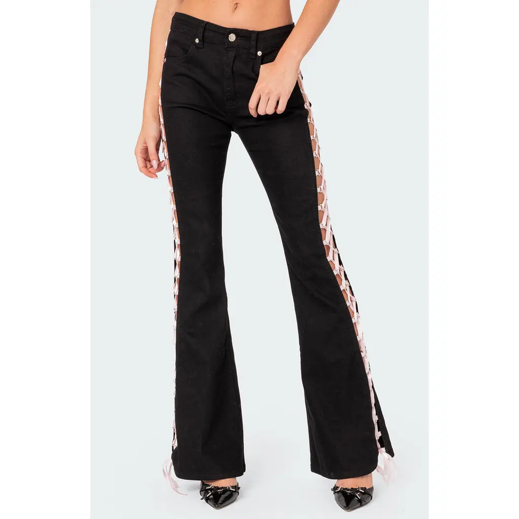 EDIKTED Lace-Up Flare Jeans in Black at Nordstrom, Size Small | Nordstrom