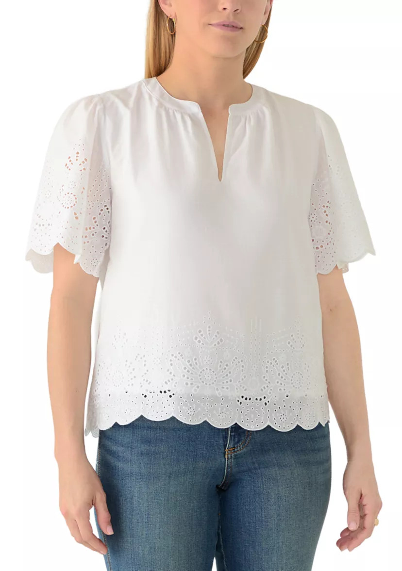 Women's Short Sleeve Eyelet Split Neck Blouse | Belk
