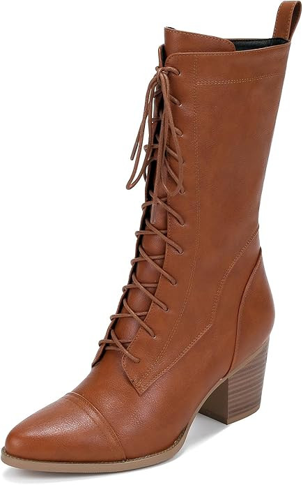 UTIKLIOU Women's Mid Calf Boots Lace up Combat Boots Leather Side Zipper Winter Boots Faux Fur Li... | Amazon (US)