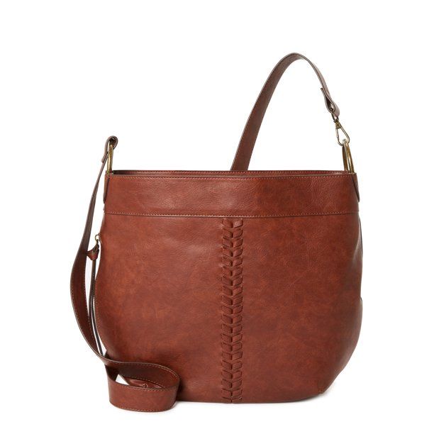 Time and Tru Women's Piper Faux Leather Hobo Handbag Brown | Walmart (US)