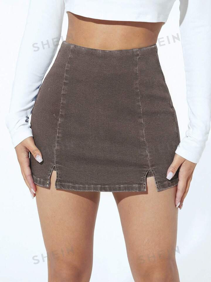 SHEIN PETITE Split Hem Denim Skort | SHEIN