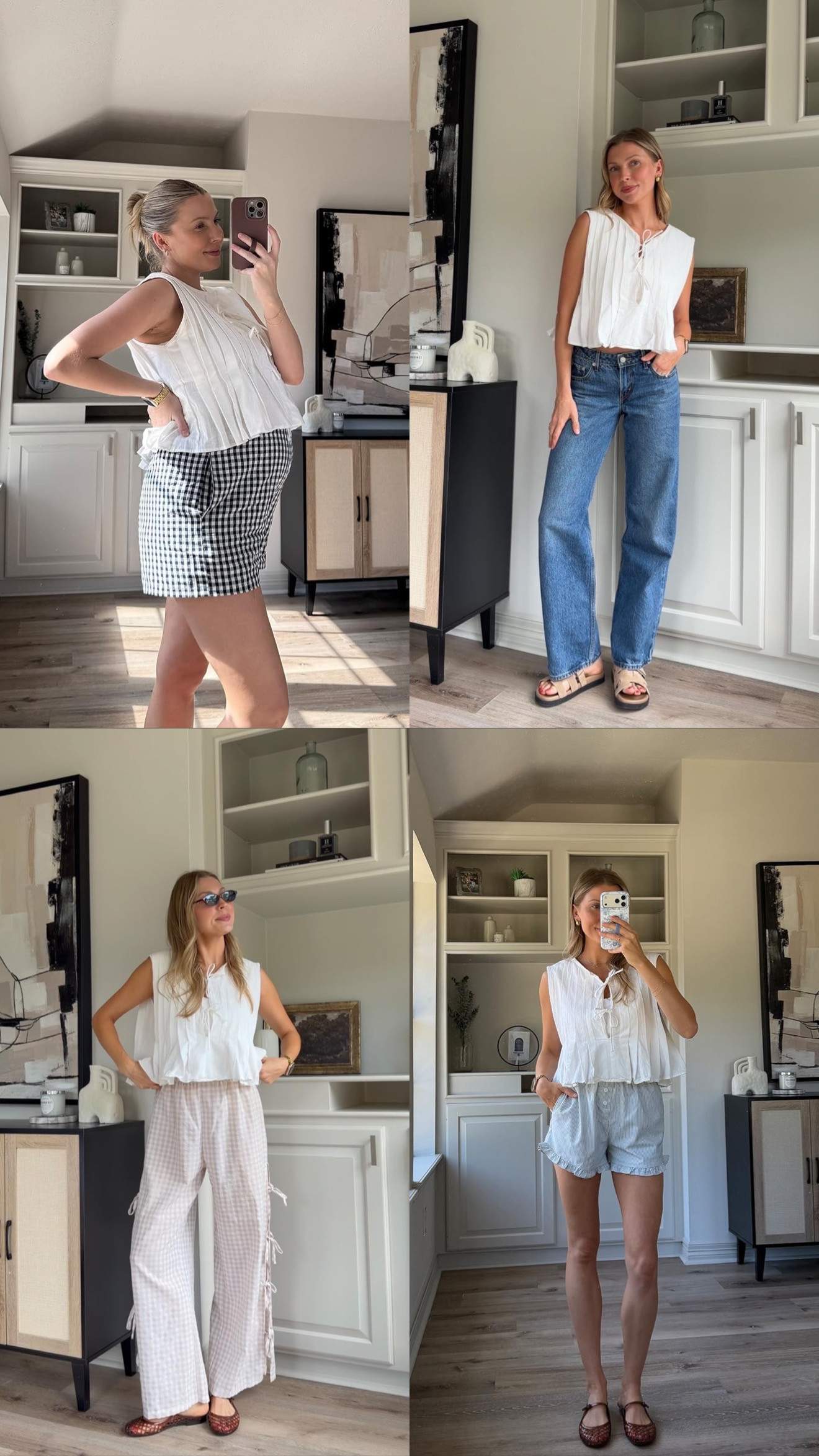 How I've worn this tie tank multiple ways! Ties are functional and super flowy so very nursing friendly! Sizing: S in flowy tank, S sports bra tank, 26 denim, M or L(with a bump) boxer shorts, M gingham pants + S boxer shorts  

 